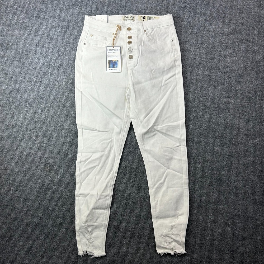 Indigo Rein Ankle High Rise Jeans Womens White Button Fly Frayed Hem 28X26.5 NWT